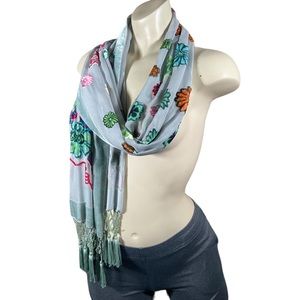 Aria A Vintage Burnout silk velvet fringed, embroidered detail, blue w/multi